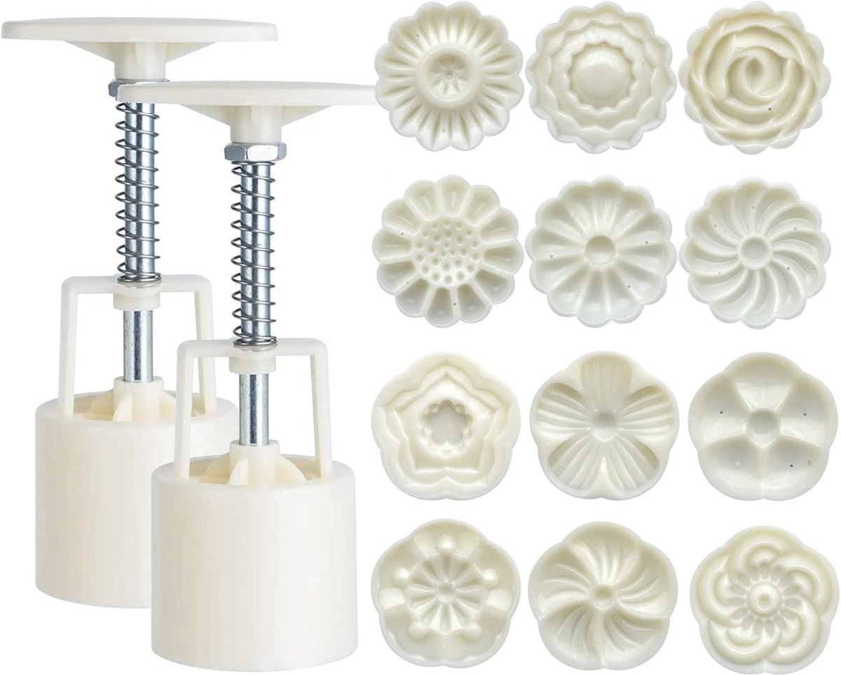 Set of 12 Cookie Cutters Set - Cookie Stamps - Cookie Shapes - Cookie Cutter Set - Mooncake Pan Set - Baking Pan - Cookie Cutter - Mooncake Die Stamps - Cookie Cutters - Flower Cookie Stamps - DIY Kitchen Tools - Maker 50g - Round - Image 1