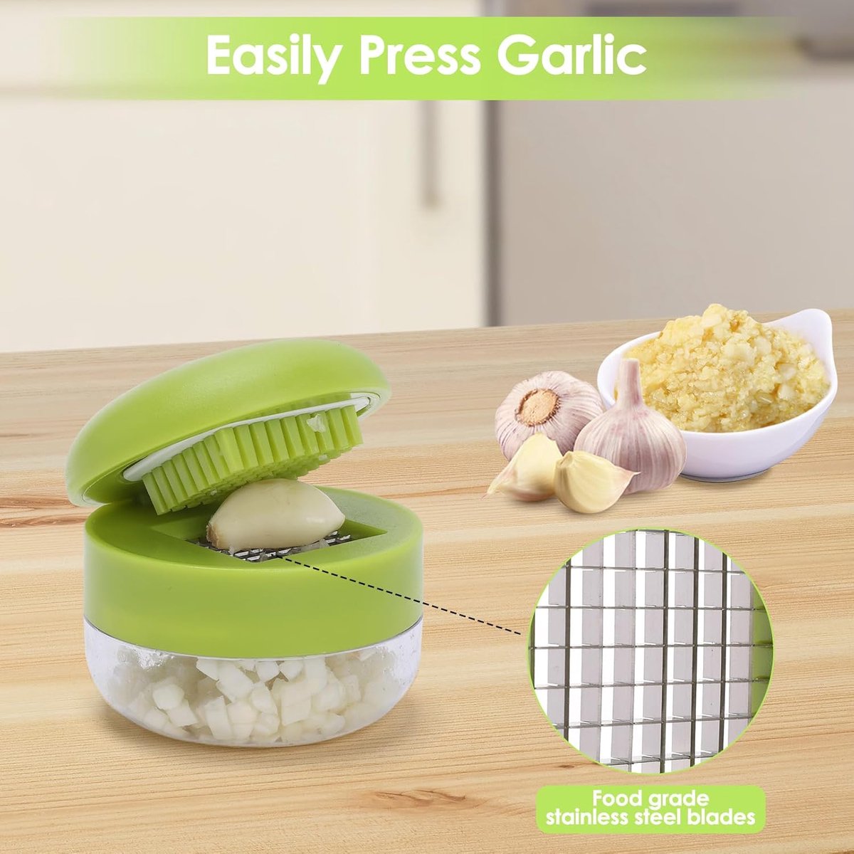 Garlic press - garlic chopper - Garlic Press - Suitable for Garlic - Manual Garlic Press - kitchen gadget press - Garlic presses - storage container - Ginger press - stainless steel knife cutter - crusher - for home and camping - Green - Image 4