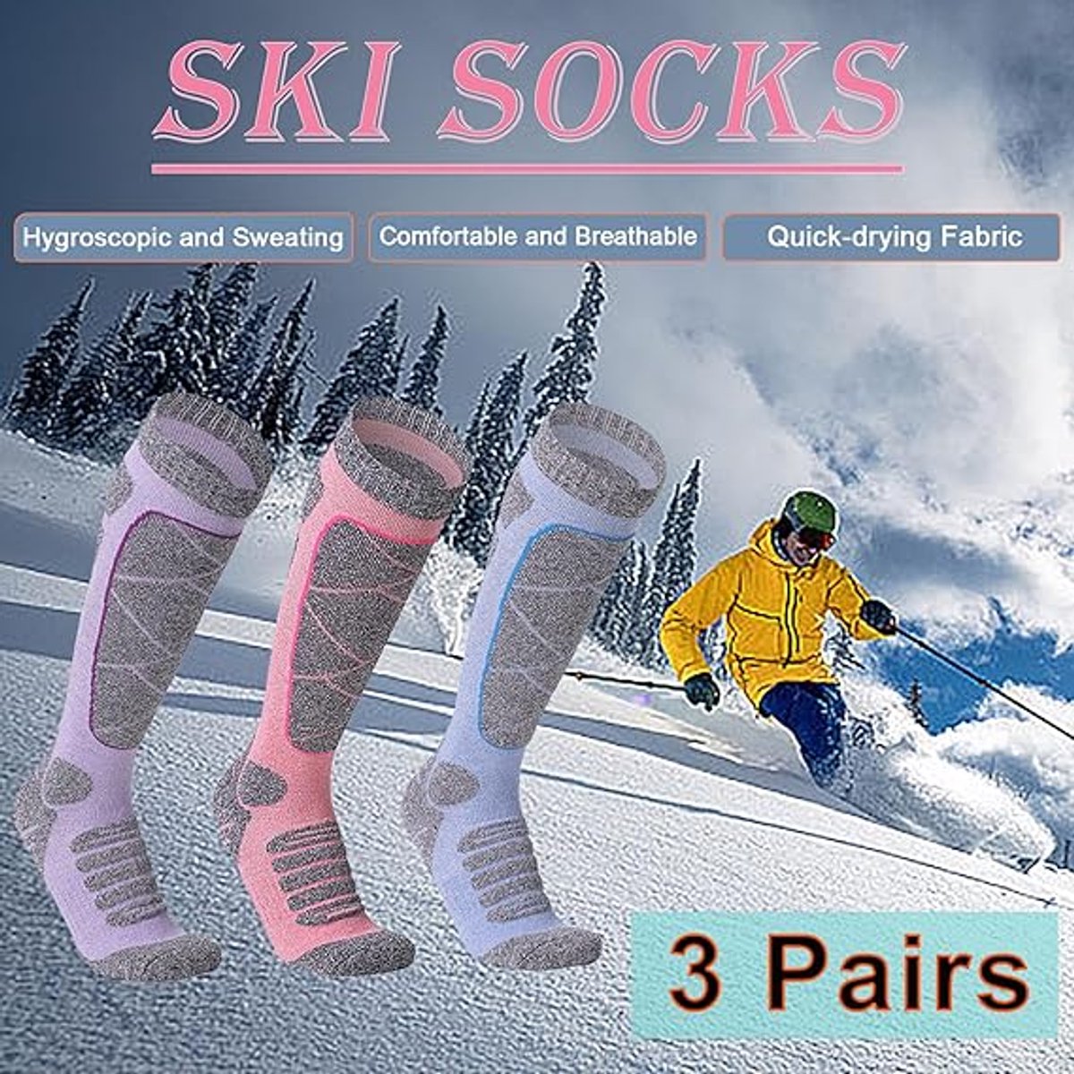 Ski Socks - 3 Pairs - Women's Socks - Sports Socks - Cotton Socks - Warm Socks Women - Long House Socks - Women's Ski Socks - Snowboard Socks - for Skiing, Snowboarding, Hiking - Size 35-39 (M) - Image 2