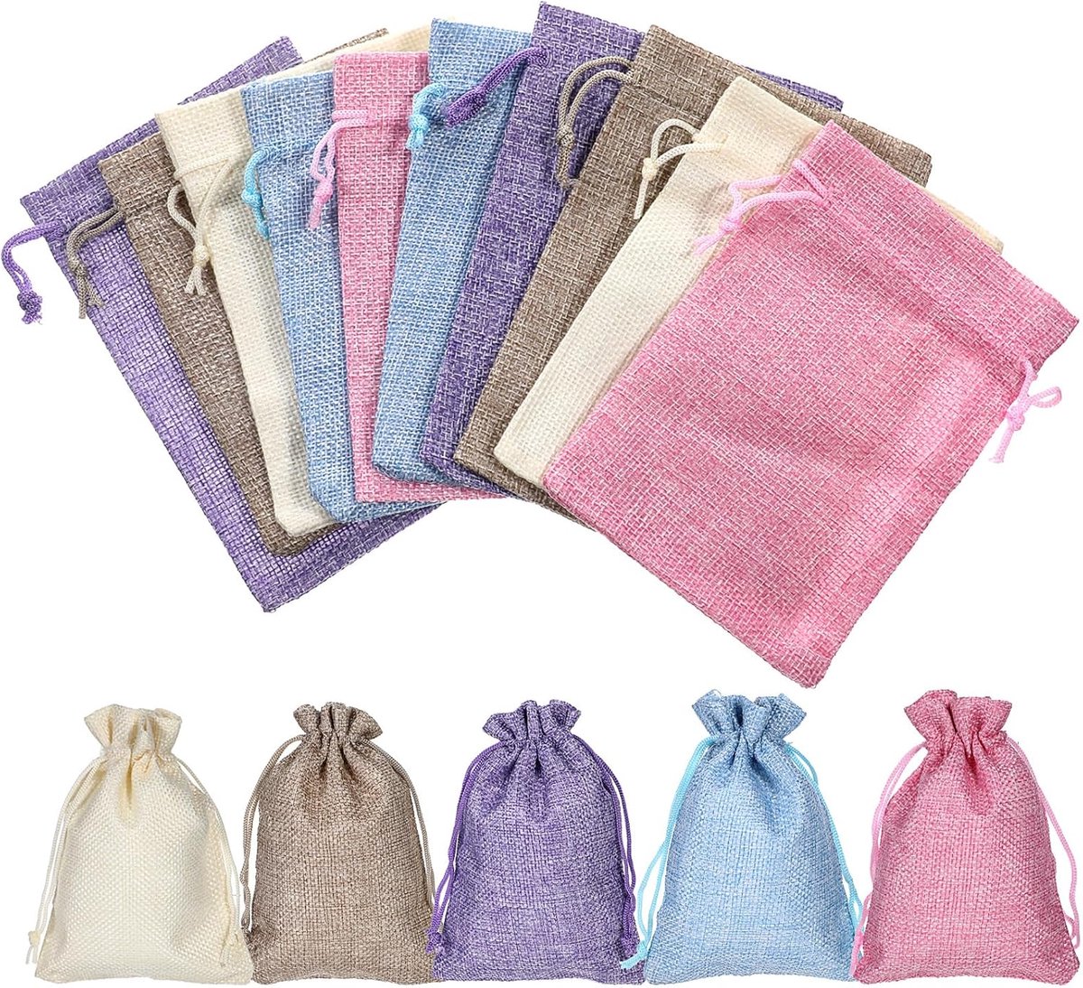 15 pieces - jute bags with drawstring - drawstring - gift bag - storage bag - gift packaging - jewelry pouch jute bags - jute bags - for Christmas, Thanksgiving, wedding favors, DIY, crafting - 14*10 cm - linen, purple, pink, blue, beige - Image 1