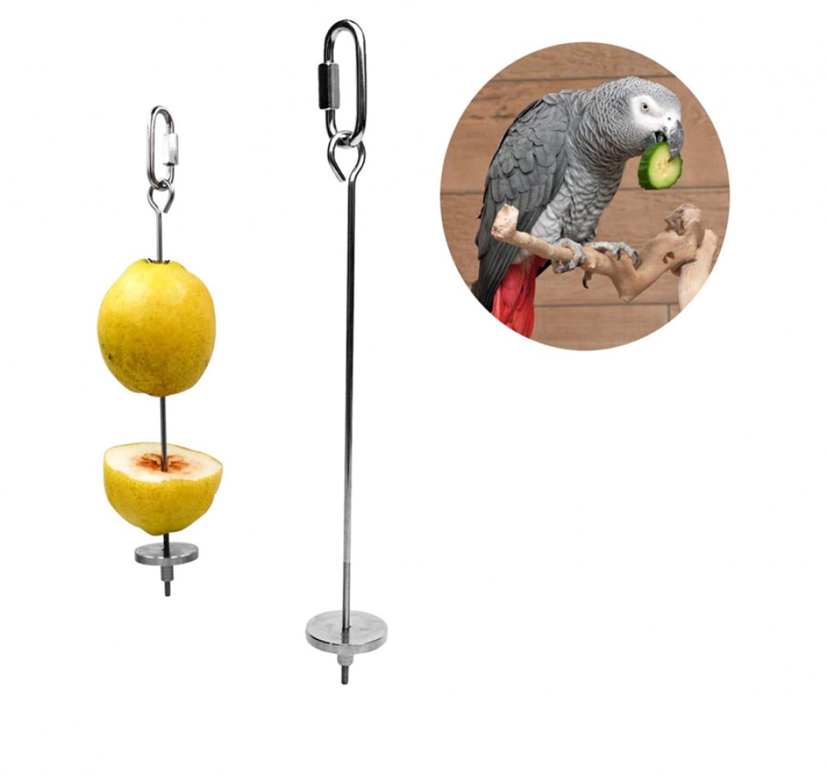 2 pieces - Bird Feeder - Small Animals Fruit and Vegetable Holder - Stainless Steel Vegetable Skewer - Food Finder - Hanging Food Feeding and Handling Tool - for Parrots, Cockatoos, Cockatiels - 20cm and 12cm - Silver - Image 1