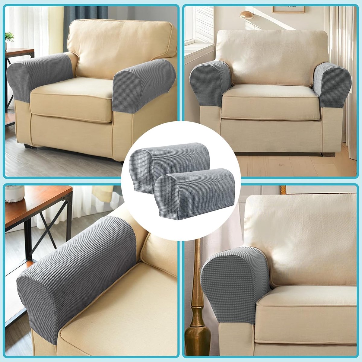 4 Pieces - Armrest Protection Covers - Protective Cover - Elastic Sofa Cover - Sofa Armrest Cover - Gloves for Sofa Armrests - Anti-Slip - Anti-Scratch - for Reclining Square, Curved, Tilted Armrest Cover - Grey - Image 3