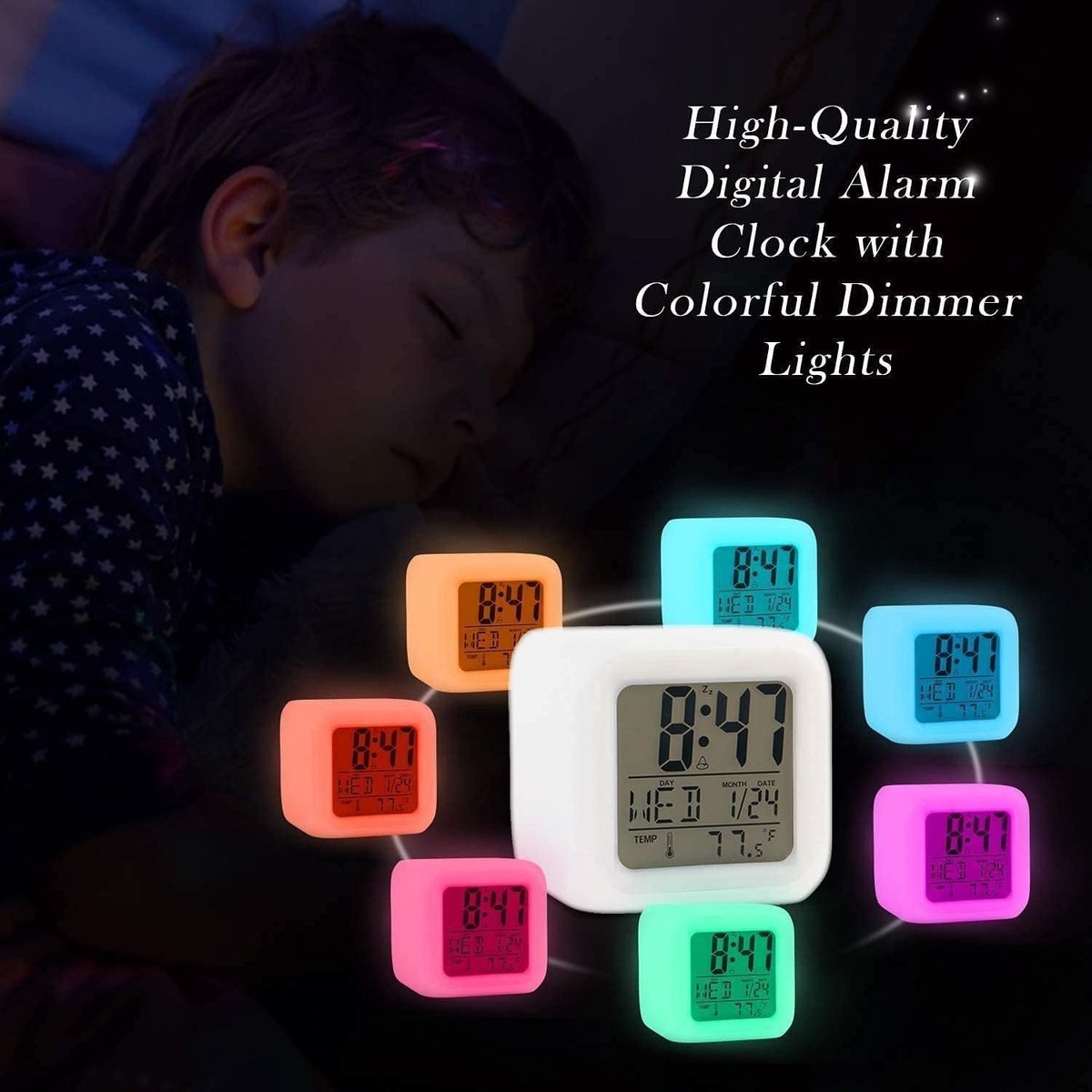 Alarm clock - digital alarm clock - Digital Clock - digital alarm clocks - Digital Children's Alarm Clock with 7 Color Changes - Children's Alarm Clock - LED Night Light - Alarm Clock - child's alarm clock - Travel Alarm Clock - Alarm Clock - for bedroom, - Image 2
