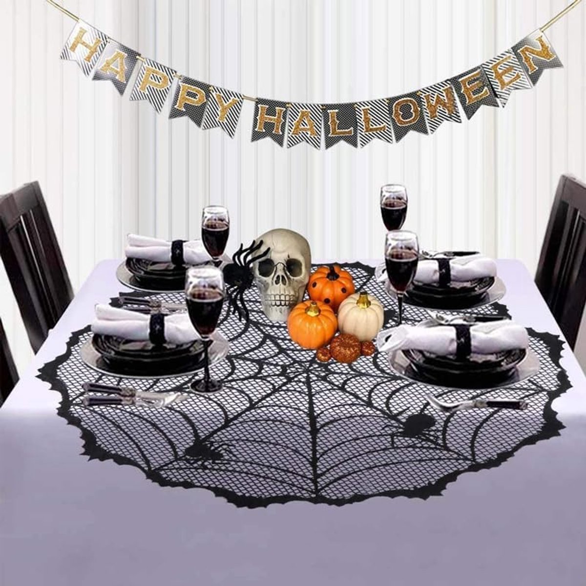 Tablecloth - 102 cm - Halloween tablecloth - table runner - round tablecloth - Halloween table decoration - black round lace spiderweb tablecloth - Interior decoration - lace tablecloth - Halloween party ornament - for Kitchen, Dining Table, Party Supplie - Image 4