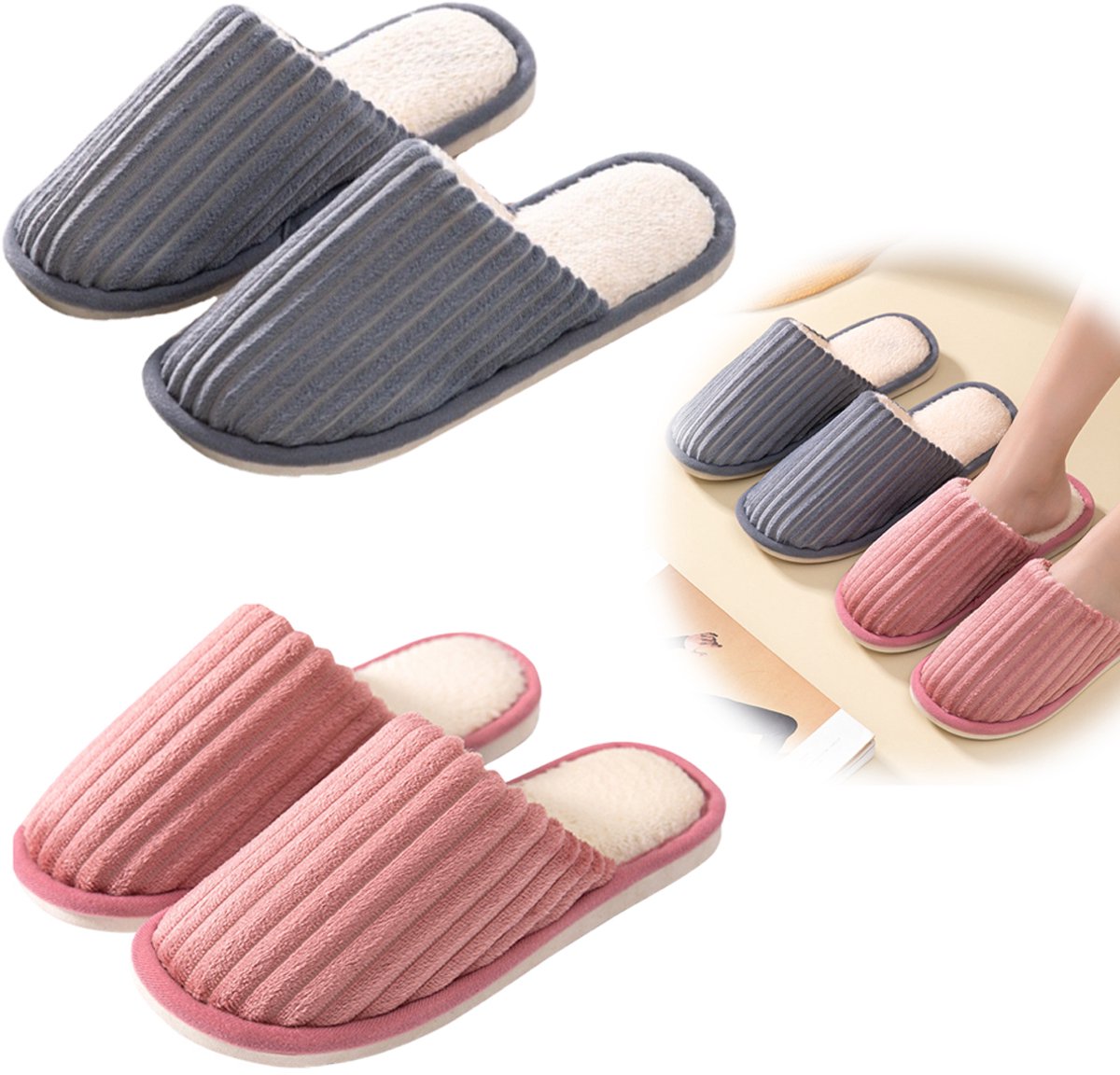 Slippers - 2 Pieces - women's slippers - men's slippers - House shoes - Grey men's slippers size 43-44 - Pink women's slippers size 39-40 - Couples - Nice and soft - Comfeet - Non-slip - Unisex - for autumn and winter - Pink and Grey - Image 1