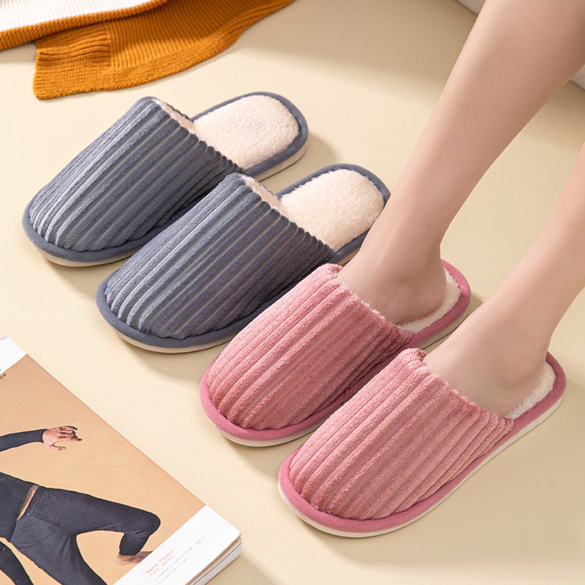 Slippers - 2 Pieces - women's slippers - men's slippers - House shoes - Grey men's slippers size 43-44 - Pink women's slippers size 39-40 - Couples - Nice and soft - Comfeet - Non-slip - Unisex - for autumn and winter - Pink and Grey - Image 5