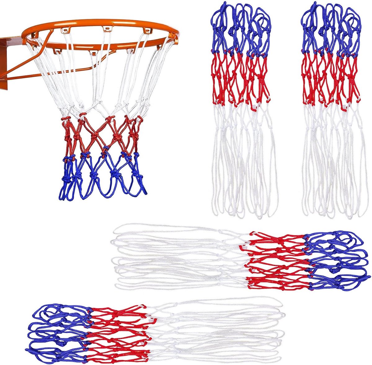 4 pieces - Basketball net - heavy-duty basketball nets - basketball net replacement set - portable basketball net - suitable for school sports fields, indoor and outdoor basketball - 50 cm - white, red and blue - Image 1