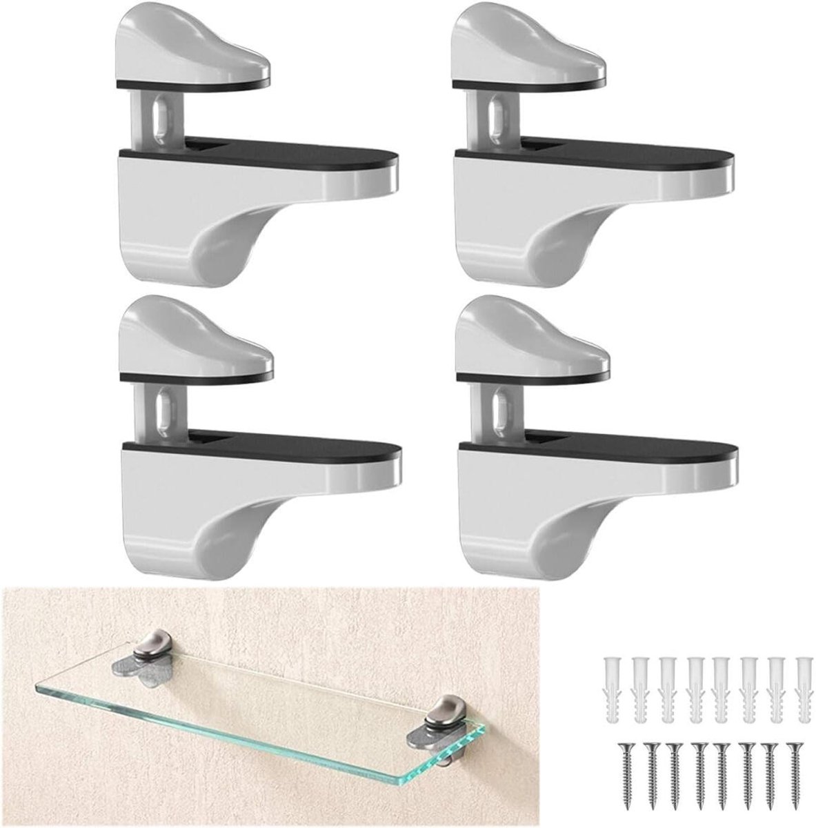 4 pieces - Glass clamp - Glass shelf brackets - Adjustable - Glass shelf bracket - fishmouth glass clip - wall mounting bracket - zinc alloy - furniture accessories - hardware accessories - with screws - for shelves of 3-20 mm thickness - 56*24*50 mm - wh - Image 1