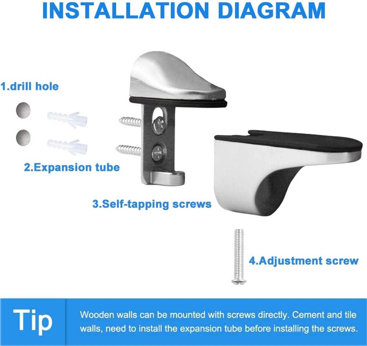 4 pieces - Glass clamp - Glass shelf brackets - Adjustable - Glass shelf bracket - fishmouth glass clip - wall mounting bracket - zinc alloy - furniture accessories - hardware accessories - with screws - for shelves of 3-20 mm thickness - 56*24*50 mm - wh - Image 3