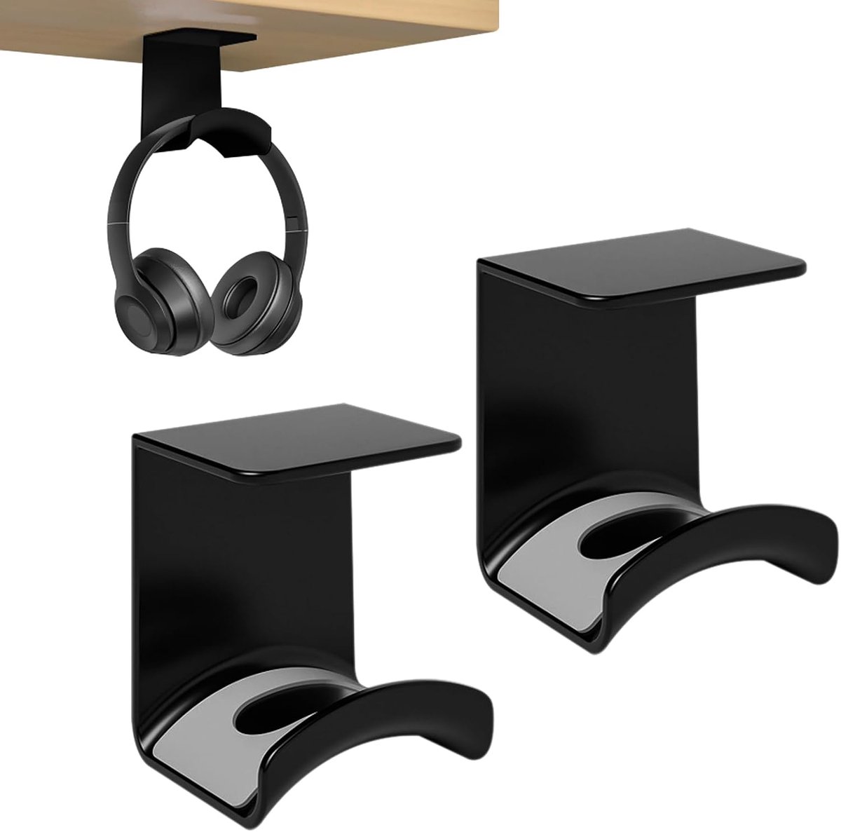2-Piece Headphone Stand - Headset Hanger - Hook - Headphone Stand - Headset Holder - for gaming headsets - Headset Stand - Wall - headphone stand - non-slip and wear-resistant - for desks and computer tables - Adhesive - black - Image 1