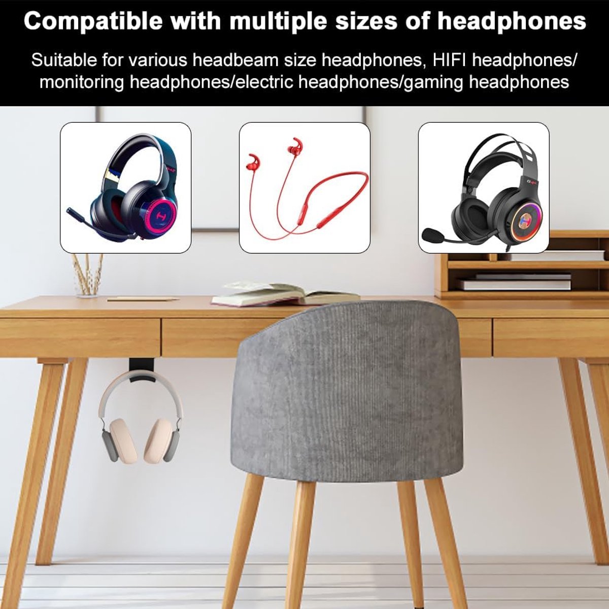 2-Piece Headphone Stand - Headset Hanger - Hook - Headphone Stand - Headset Holder - for gaming headsets - Headset Stand - Wall - headphone stand - non-slip and wear-resistant - for desks and computer tables - Adhesive - black - Image 2