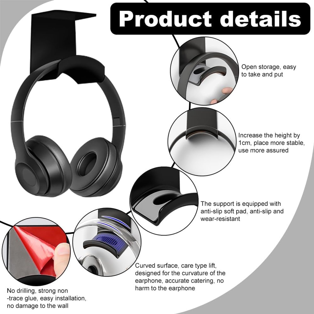 2-Piece Headphone Stand - Headset Hanger - Hook - Headphone Stand - Headset Holder - for gaming headsets - Headset Stand - Wall - headphone stand - non-slip and wear-resistant - for desks and computer tables - Adhesive - black - Image 4
