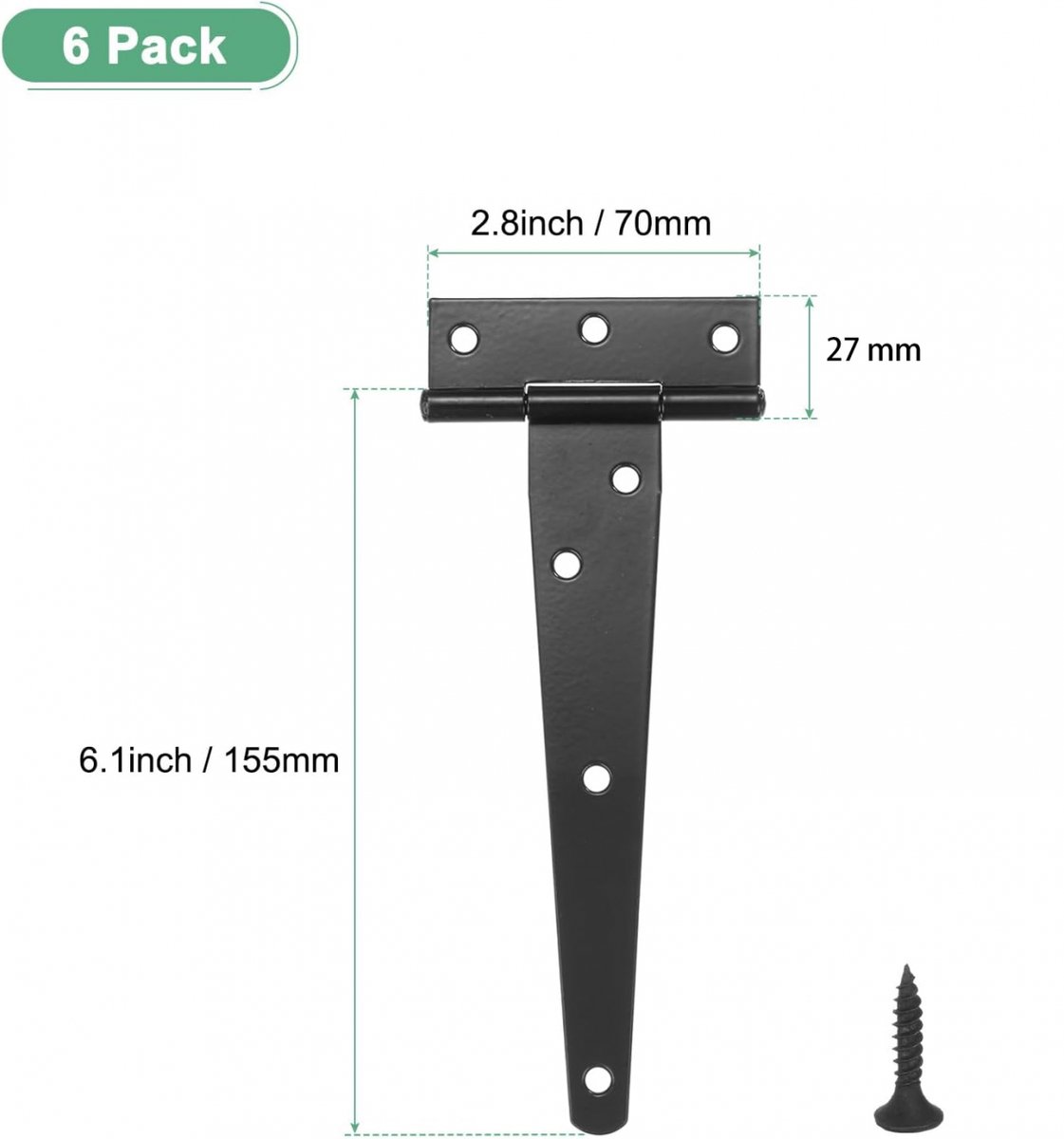 pieces - T-hinge for door - with screws - 6 inch - shed door hinge - T-door hinge - T-hinges - T-hinge - exterior door hinges - for wooden fences, sheds, cabinets and windows - black - 6.4*25 cm - Image 5