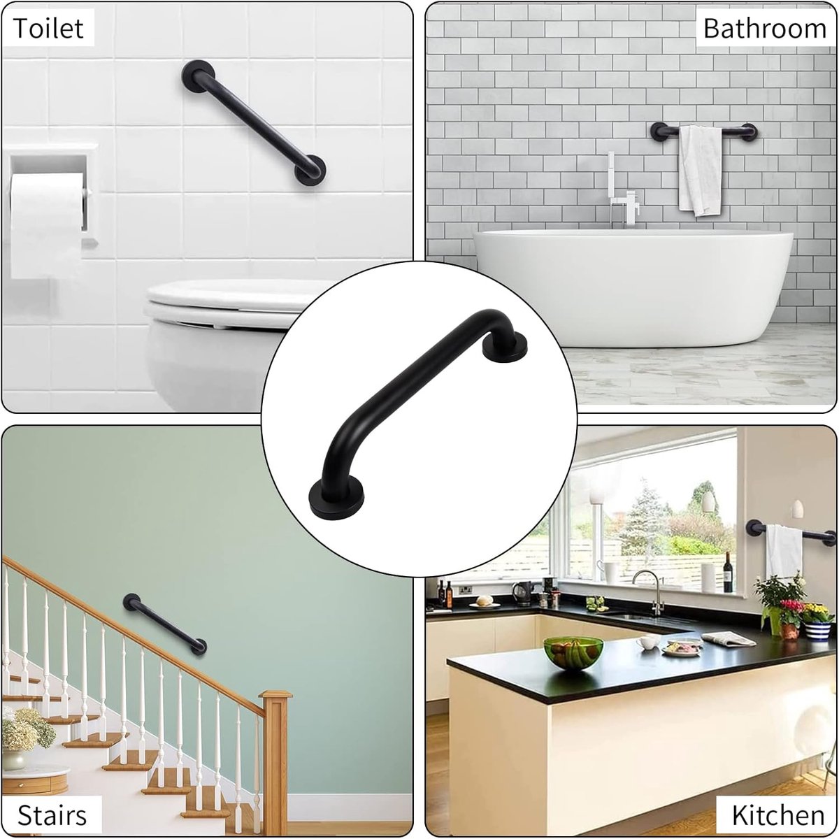 2 pieces - Armrest - 30*5 cm - Bathtub Grip - handle for the elderly - stainless steel railing - safety railings - non-slip shower grip - wall-mounted stainless steel handle - for the elderly, bathroom, kitchen - black - Image 3