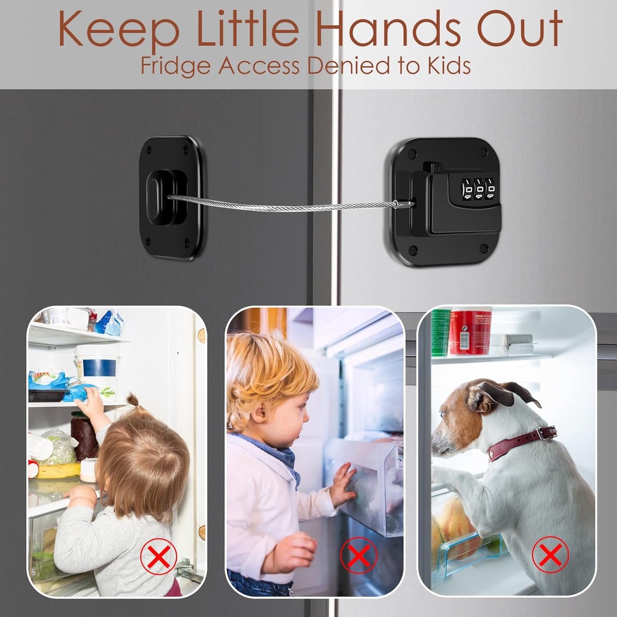 2-Piece Refrigerator Lock - Combination Lock - Self-Adhesive Refrigerator Lock - Safety Lock - Easy Installation No Keys Needed - For Children, Toddlers, and Adults - For Refrigerator, Cabinets & Drawers, Oven, Windows - Child Safety - Black - Image 3