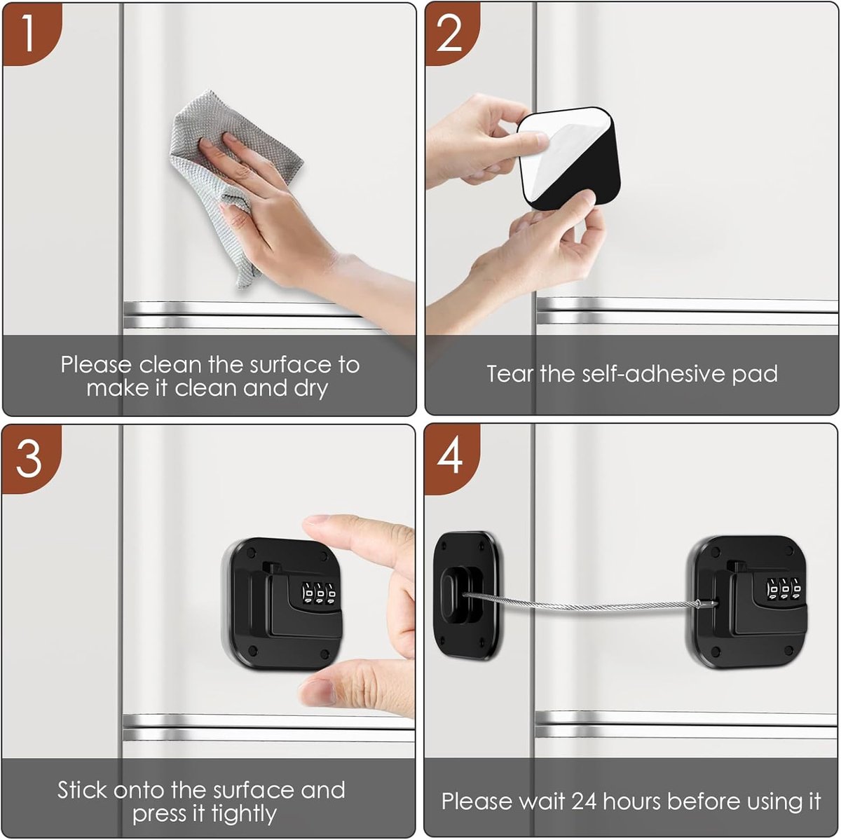 2-Piece Refrigerator Lock - Combination Lock - Self-Adhesive Refrigerator Lock - Safety Lock - Easy Installation No Keys Needed - For Children, Toddlers, and Adults - For Refrigerator, Cabinets & Drawers, Oven, Windows - Child Safety - Black - Image 5
