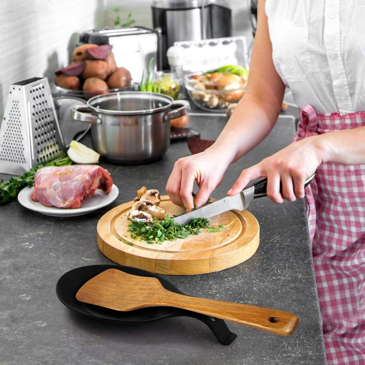 2 pieces - Spoon holder - Spoon rest - Spoon mat - Kitchen spoon holder - Kitchen utensil holder - Kitchen utensils - multifunctional spoon holder - for storing spatulas, ladles and cutlery - for kitchen, home, dining room - 20*10 cm - black - Image 2