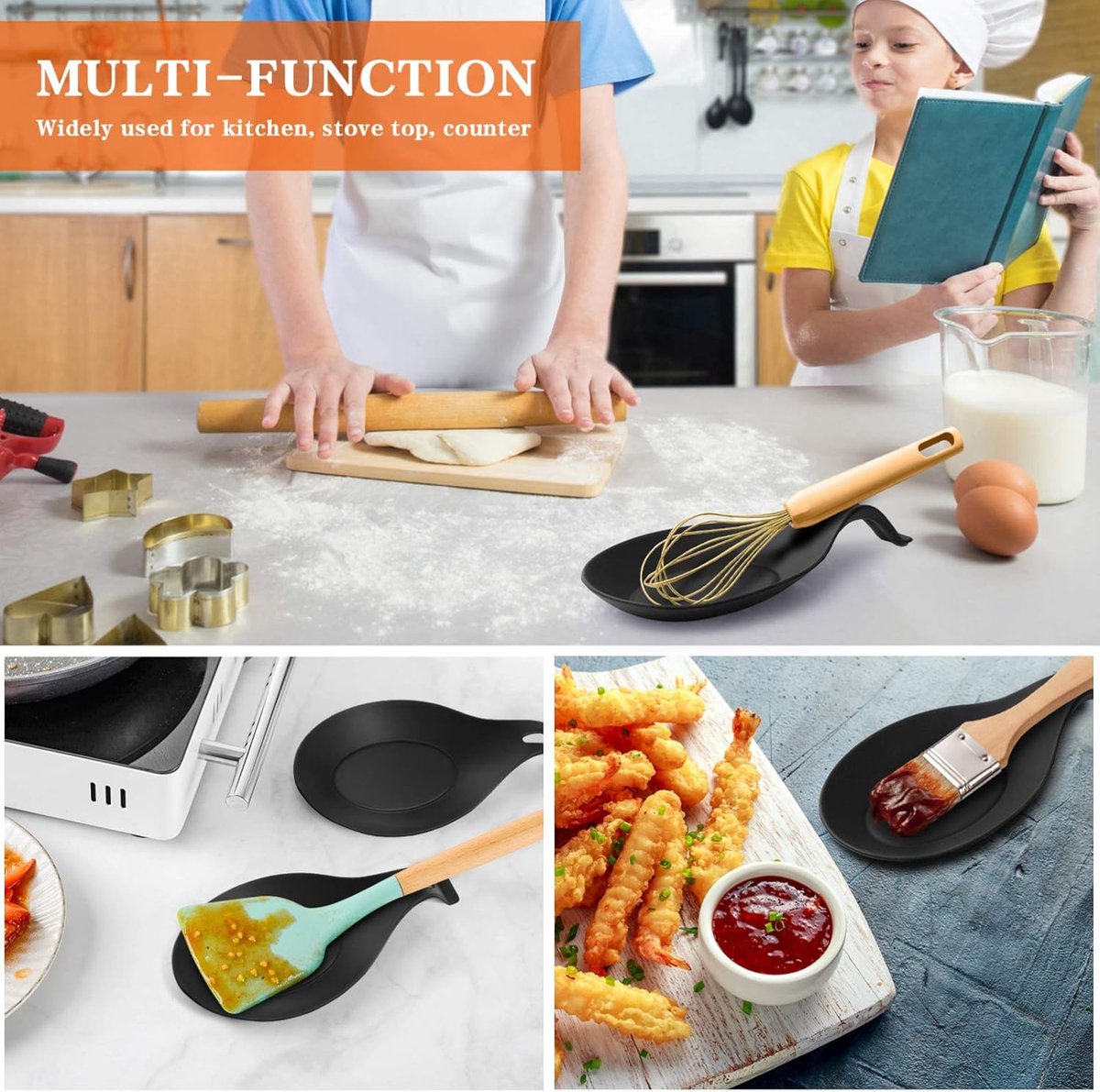 2 pieces - Spoon holder - Spoon rest - Spoon mat - Kitchen spoon holder - Kitchen utensil holder - Kitchen utensils - multifunctional spoon holder - for storing spatulas, ladles and cutlery - for kitchen, home, dining room - 20*10 cm - black - Image 6