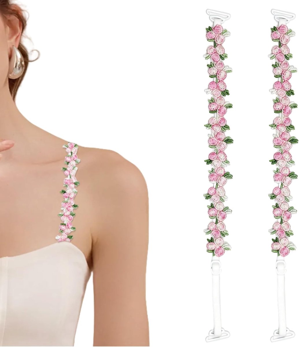 bra straps - 1 pair - replacement bra straps for women - elastic bra shoulder straps with floral pattern and lace - lace floral bra straps - non-slip bra straps - adjustable elastic shoulder pads - Image 1