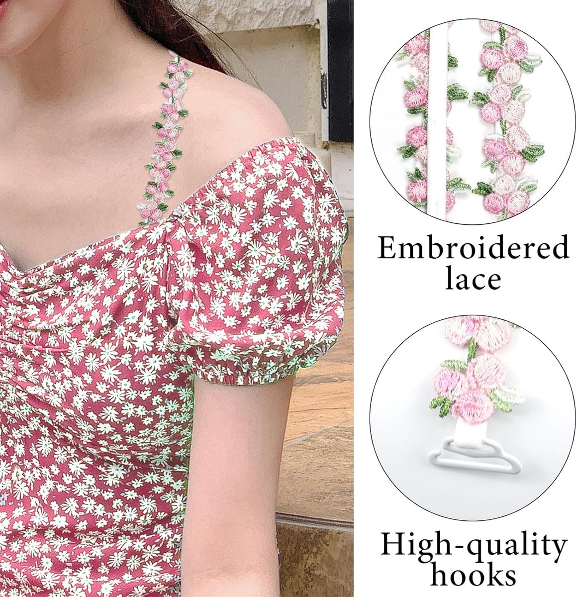 bra straps - 1 pair - replacement bra straps for women - elastic bra shoulder straps with floral pattern and lace - lace floral bra straps - non-slip bra straps - adjustable elastic shoulder pads - Image 6