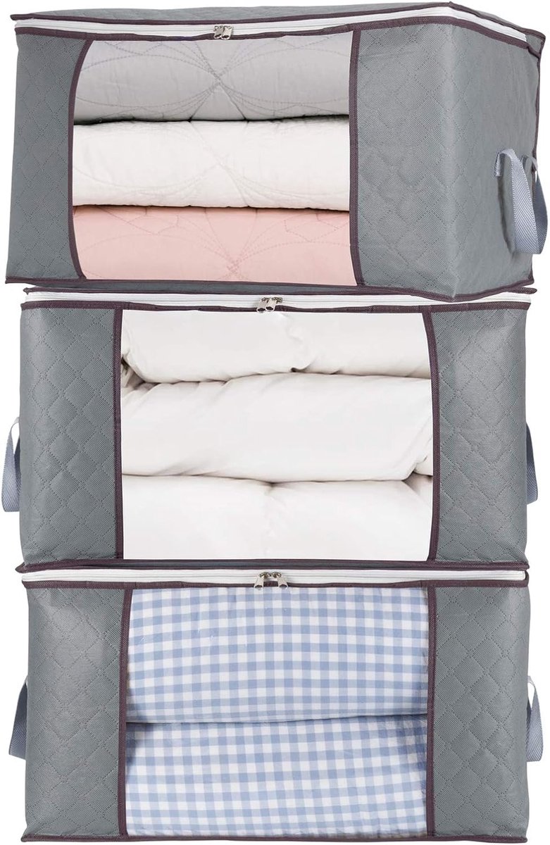 Set of 3 extra large zippered storage bags - Storage bags - with large transparent window - Handles - Affordable - Ideal for storing duvets, pillows, quilts, bedding, clothing, blankets and more - Grey - 60×40×35 cm - Image 1