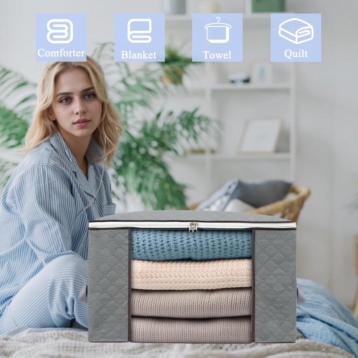 Set of 3 extra large zippered storage bags - Storage bags - with large transparent window - Handles - Affordable - Ideal for storing duvets, pillows, quilts, bedding, clothing, blankets and more - Grey - 60×40×35 cm - Image 3