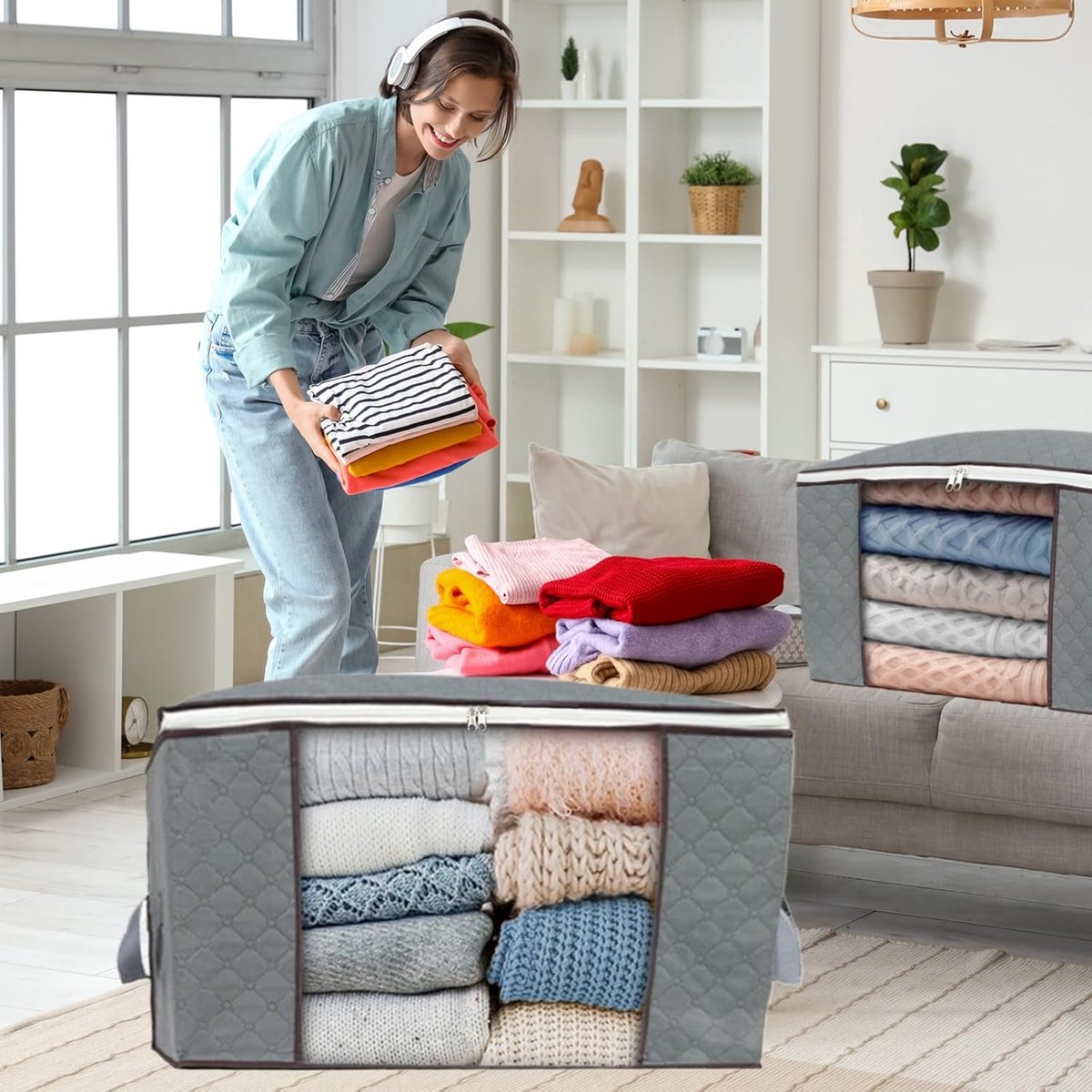 Set of 3 extra large zippered storage bags - Storage bags - with large transparent window - Handles - Affordable - Ideal for storing duvets, pillows, quilts, bedding, clothing, blankets and more - Grey - 60×40×35 cm - Image 4