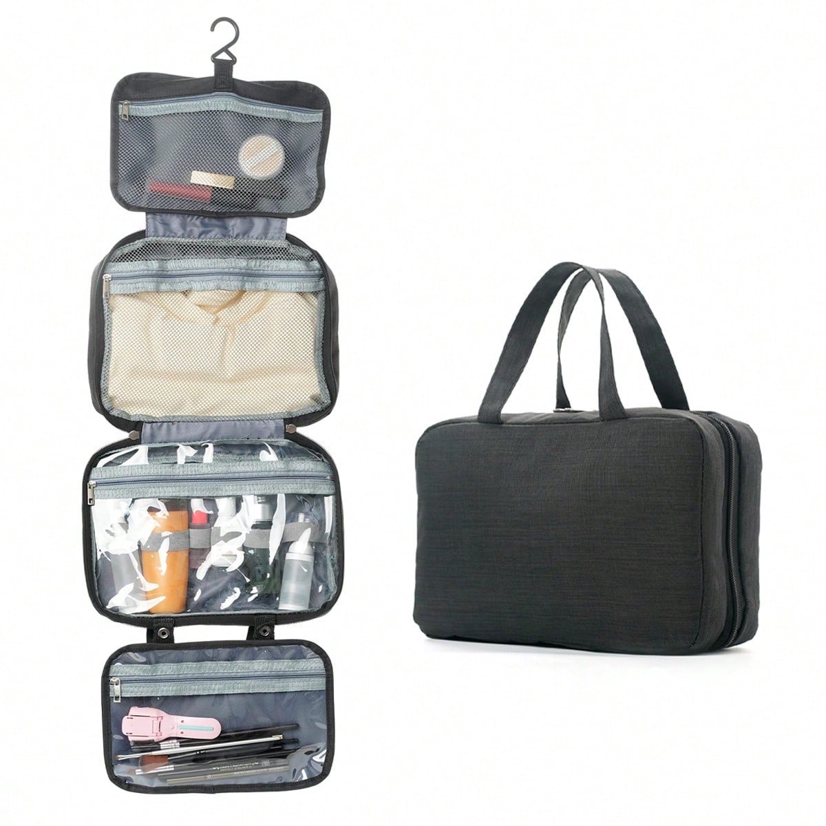 Toiletry bag - Portable hanging toiletry bag - foldable travel toiletry bag - large foldable travel bag - travel makeup bag - storage bag - with 4 compartments - waterproof toiletry bag - unisex - for vacation, shower, camping and travel - 27*18*8 cm - bl - Image 1