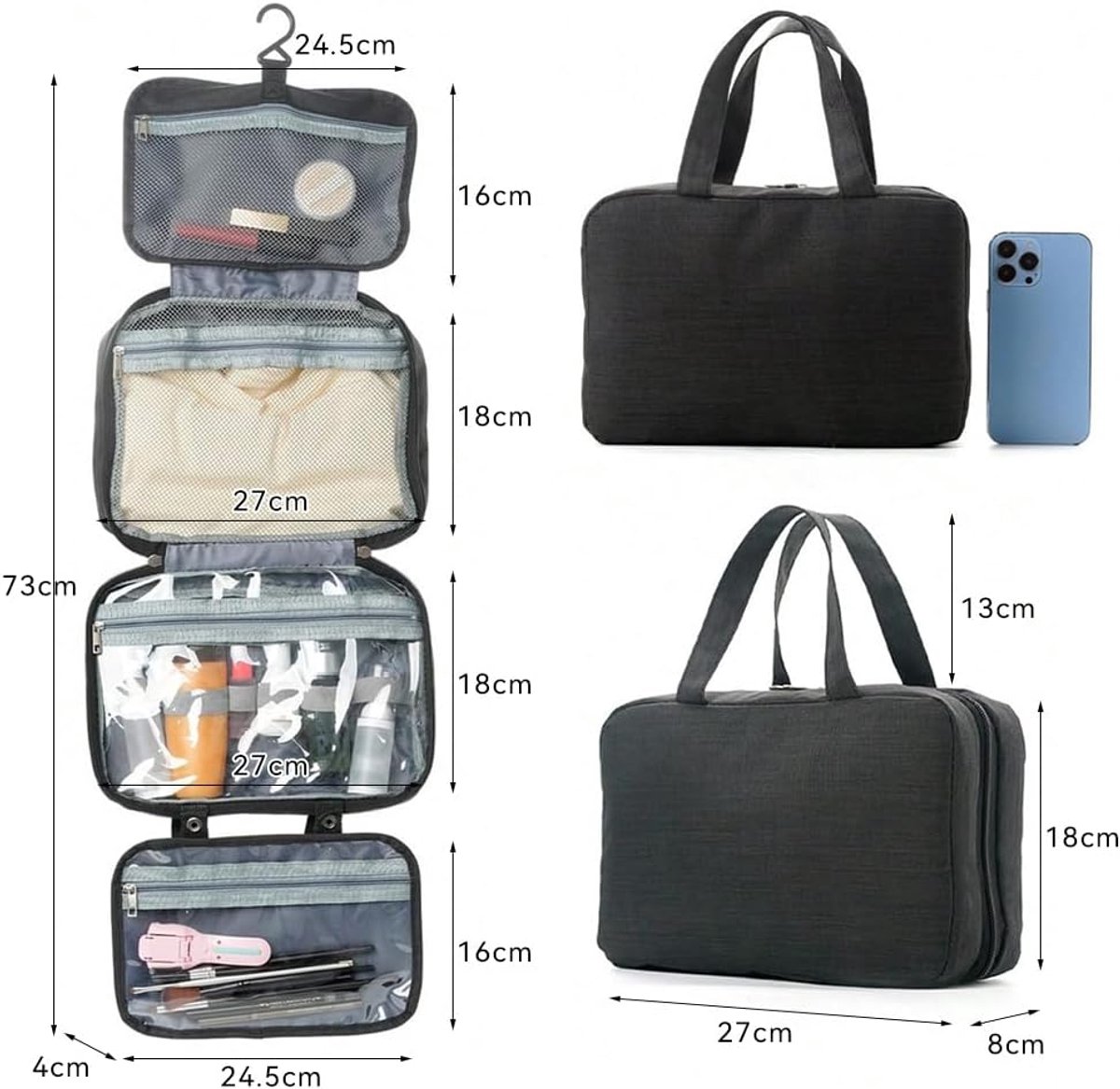 Toiletry bag - Portable hanging toiletry bag - foldable travel toiletry bag - large foldable travel bag - travel makeup bag - storage bag - with 4 compartments - waterproof toiletry bag - unisex - for vacation, shower, camping and travel - 27*18*8 cm - bl - Image 2