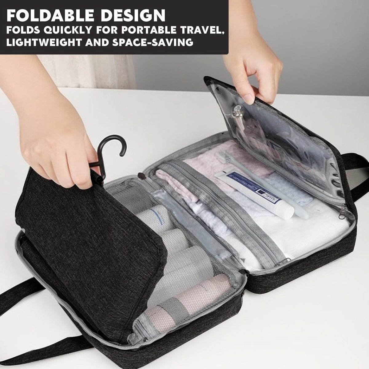 Toiletry bag - Portable hanging toiletry bag - foldable travel toiletry bag - large foldable travel bag - travel makeup bag - storage bag - with 4 compartments - waterproof toiletry bag - unisex - for vacation, shower, camping and travel - 27*18*8 cm - bl - Image 4