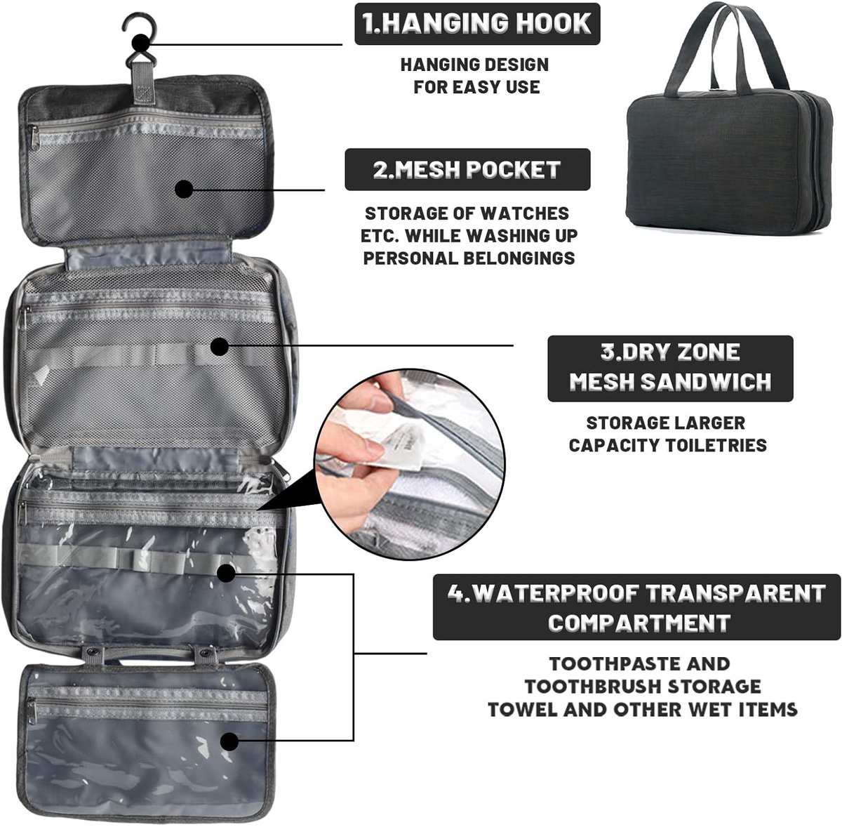 Toiletry bag - Portable hanging toiletry bag - foldable travel toiletry bag - large foldable travel bag - travel makeup bag - storage bag - with 4 compartments - waterproof toiletry bag - unisex - for vacation, shower, camping and travel - 27*18*8 cm - bl - Image 6