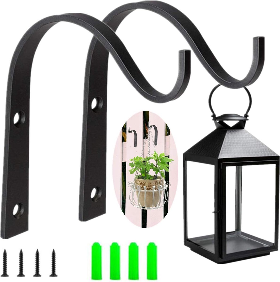 2-Piece Plant Wall Rack - Wall Hook Hanging Basket - Flowerpot Hook - Plant Hook - Iron Wall Rack - Wall Decoration - Metal Plant Hook - For Vase, Bird Feeder, Plant - Lantern Hook - Wall Hook For Plants - Garden Hook - Black - Image 1