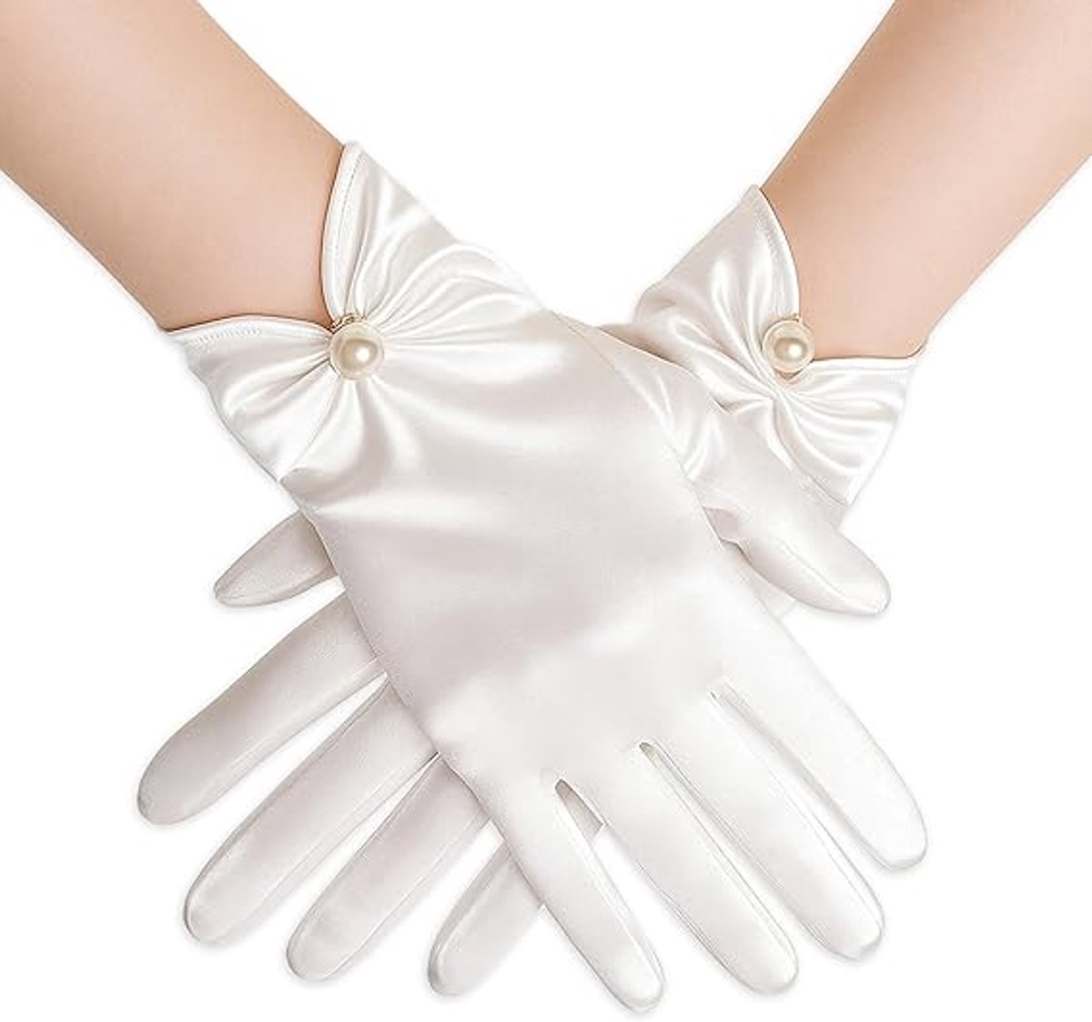 Gloves - Short satin gloves - Pearl glove - Wedding gloves - Satin tea party glove for ladies - Opera gloves - for tea party, tuxedo, dancing, wedding - 22*8 cm - white - Image 1