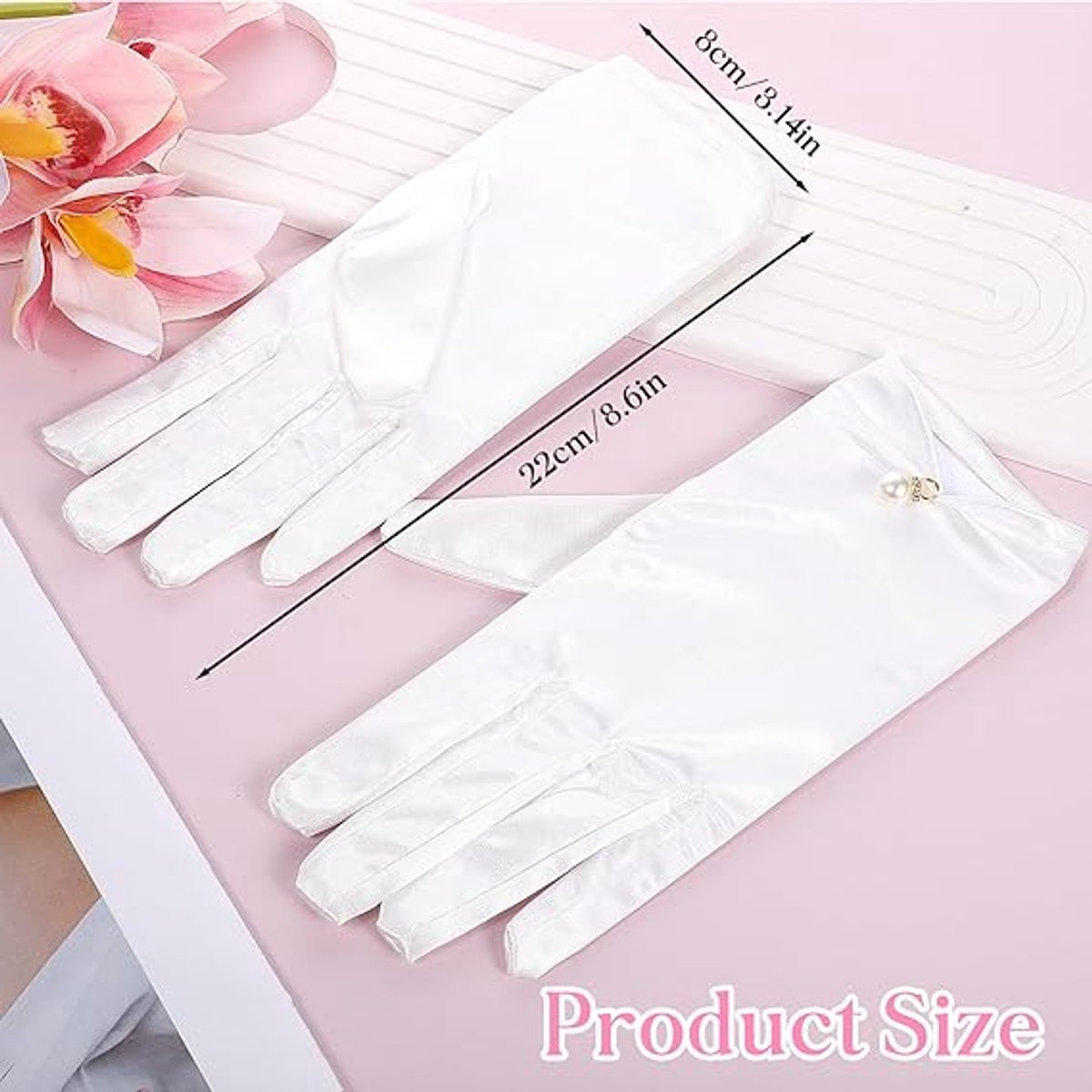 Gloves - Short satin gloves - Pearl glove - Wedding gloves - Satin tea party glove for ladies - Opera gloves - for tea party, tuxedo, dancing, wedding - 22*8 cm - white - Image 2