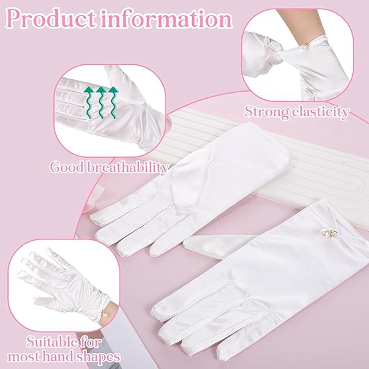 Gloves - Short satin gloves - Pearl glove - Wedding gloves - Satin tea party glove for ladies - Opera gloves - for tea party, tuxedo, dancing, wedding - 22*8 cm - white - Image 4
