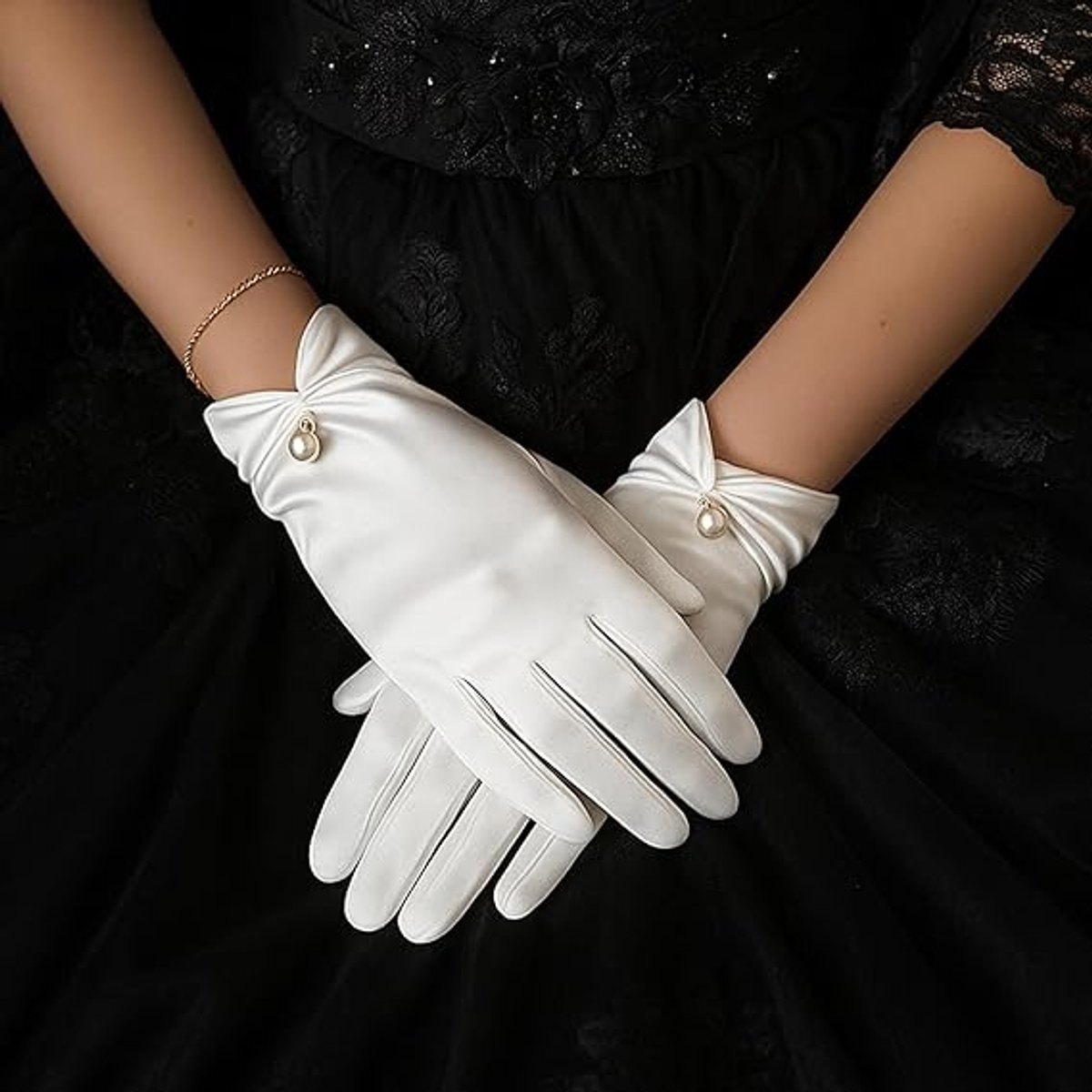 Gloves - Short satin gloves - Pearl glove - Wedding gloves - Satin tea party glove for ladies - Opera gloves - for tea party, tuxedo, dancing, wedding - 22*8 cm - white - Image 5