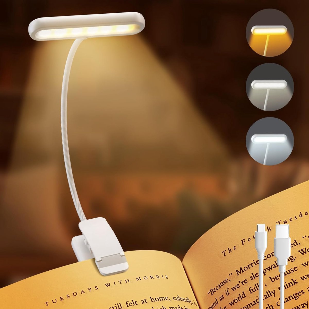 Rechargeable Reading Lamp with Type-C Cable - LED Reading Light for Book with Clip - 24 LED - Reading Lamp Clip [3 Light Modes] - Dimmable - Mini Flexible Night Light - 315° Rotatable Reading Lamp - With Gooseneck and Clip for Children - White - Image 1