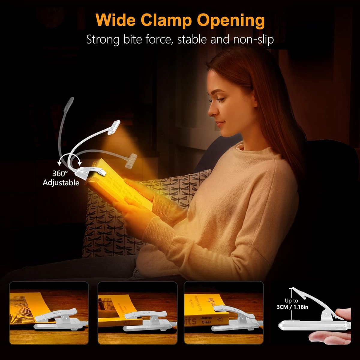 Rechargeable Reading Lamp with Type-C Cable - LED Reading Light for Book with Clip - 24 LED - Reading Lamp Clip [3 Light Modes] - Dimmable - Mini Flexible Night Light - 315° Rotatable Reading Lamp - With Gooseneck and Clip for Children - White - Image 2