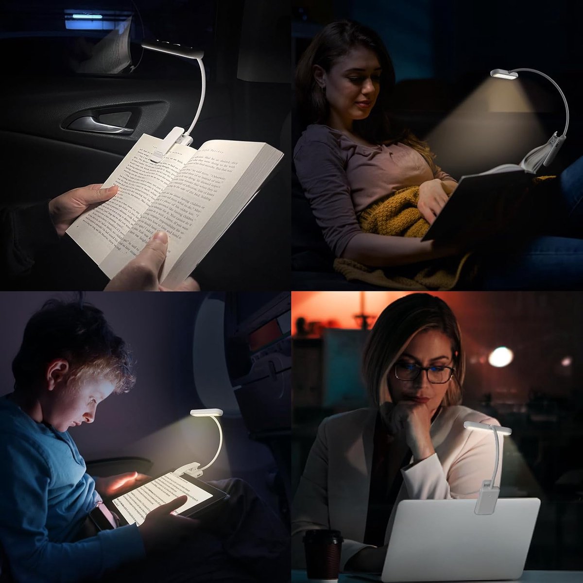 Rechargeable Reading Lamp with Type-C Cable - LED Reading Light for Book with Clip - 24 LED - Reading Lamp Clip [3 Light Modes] - Dimmable - Mini Flexible Night Light - 315° Rotatable Reading Lamp - With Gooseneck and Clip for Children - White - Image 3