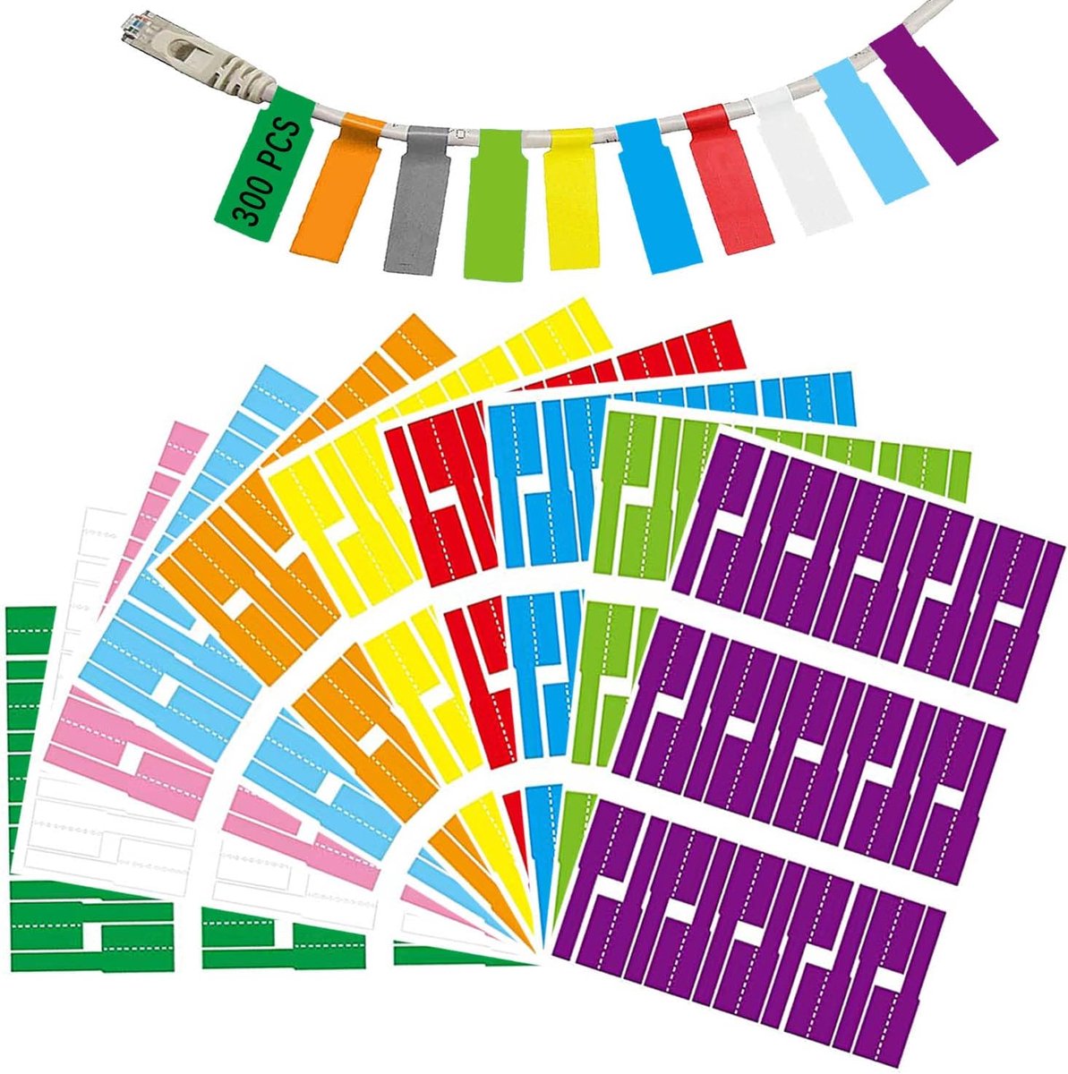 300 pieces - Self-adhesive cable label - cable label sheets - 10 sheets - of 10 colors - Cable labels - Label - Labels - Label stickers - Self-adhesive cable label stickers - Cable management - 26*84 mm - Image 1