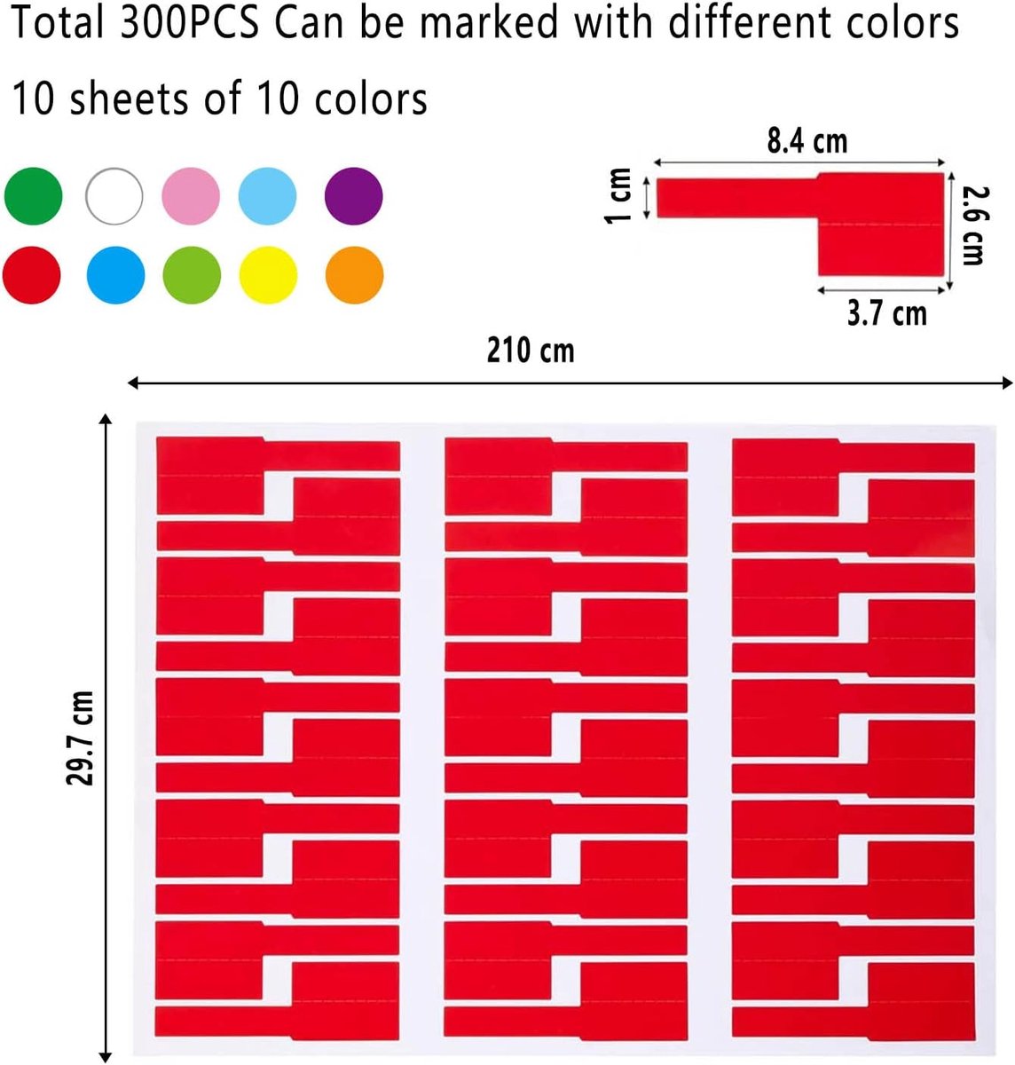 300 pieces - Self-adhesive cable label - cable label sheets - 10 sheets - of 10 colors - Cable labels - Label - Labels - Label stickers - Self-adhesive cable label stickers - Cable management - 26*84 mm - Image 5