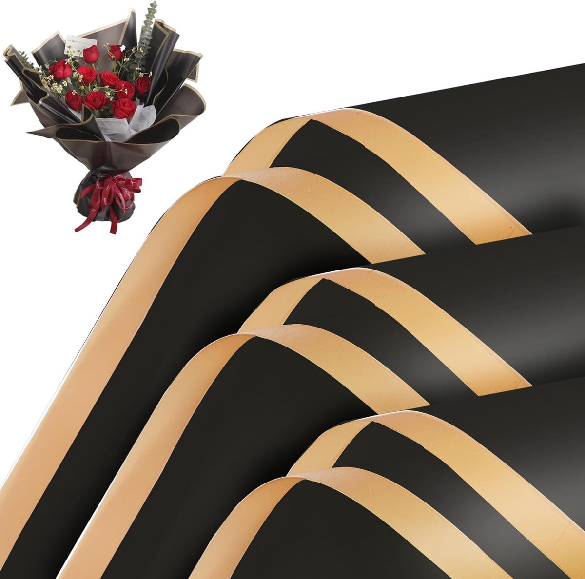 20 Sheets - Bouquet Wrapping Paper - 58x58 cm - Waterproof wrapping paper - floral paper - Valentine's wrapping paper - Floral Wrapping Paper - for bouquets, wrapping paper for craft projects, florist supplies, wedding and anniversary gifts - Black - Image 1