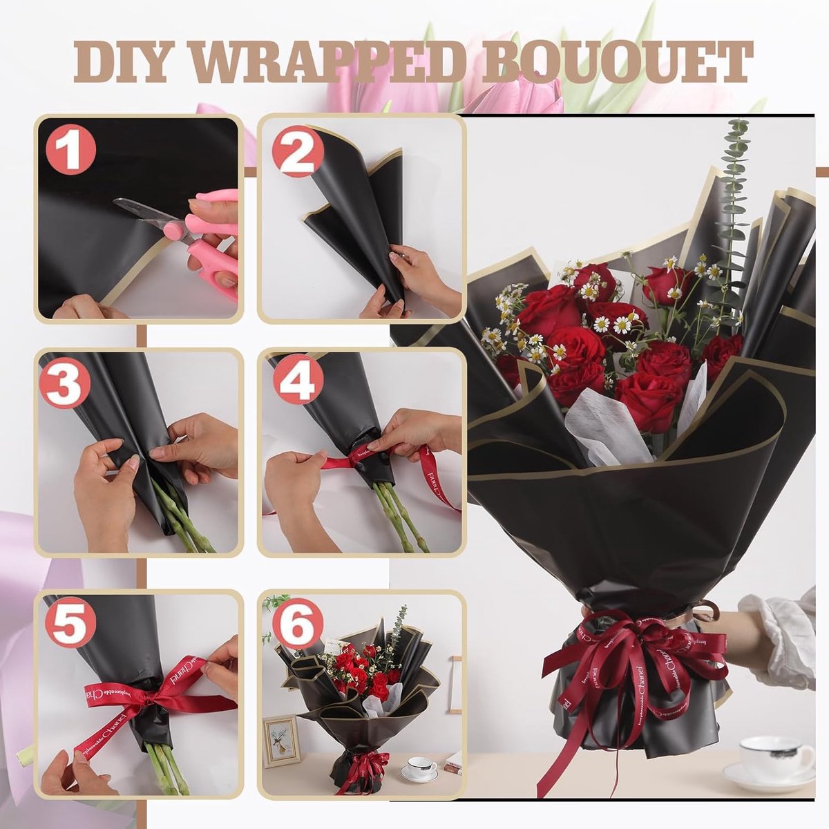 20 Sheets - Bouquet Wrapping Paper - 58x58 cm - Waterproof wrapping paper - floral paper - Valentine's wrapping paper - Floral Wrapping Paper - for bouquets, wrapping paper for craft projects, florist supplies, wedding and anniversary gifts - Black - Image 2
