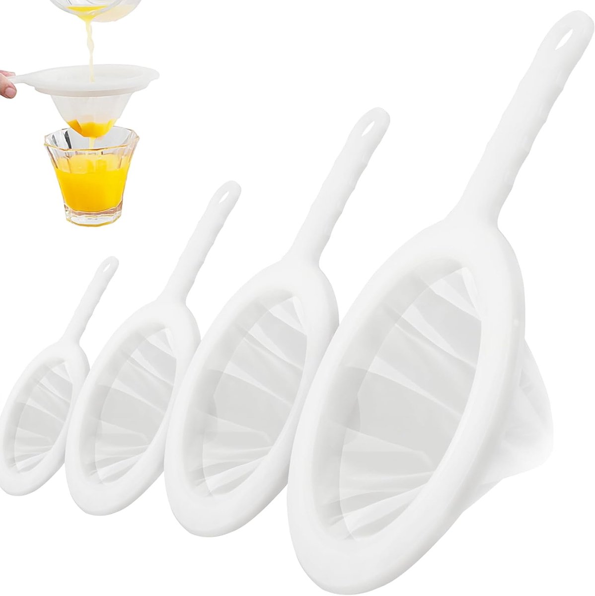 4 pieces - Filter screen - nylon fine sieve with handle - 100/200/300/400 mesh - food filter - fine mesh filter - plastic kitchen sieve - fine mesh sieve - for filtering juice, milk, wine, coffee - white - 14.5*24 cm - Image 1