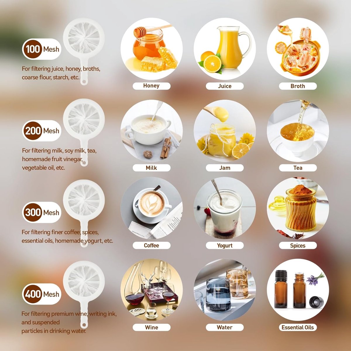 4 pieces - Filter screen - nylon fine sieve with handle - 100/200/300/400 mesh - food filter - fine mesh filter - plastic kitchen sieve - fine mesh sieve - for filtering juice, milk, wine, coffee - white - 14.5*24 cm - Image 2