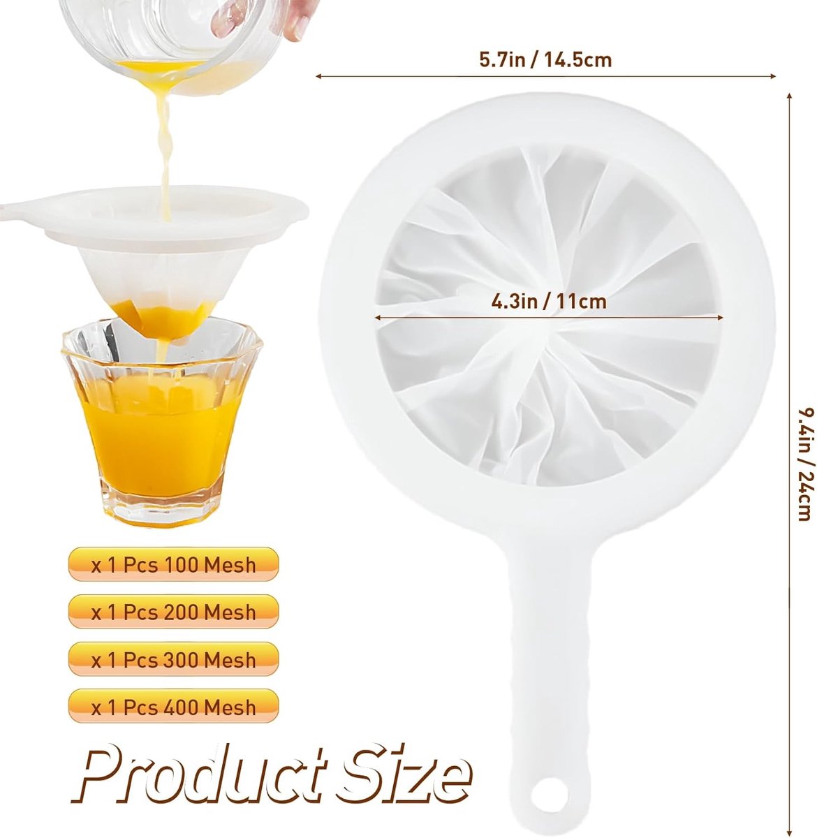 4 pieces - Filter screen - nylon fine sieve with handle - 100/200/300/400 mesh - food filter - fine mesh filter - plastic kitchen sieve - fine mesh sieve - for filtering juice, milk, wine, coffee - white - 14.5*24 cm - Image 5
