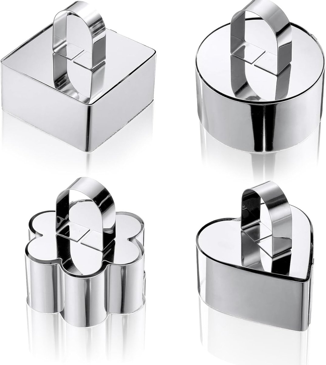 4 pieces - stainless steel - dessert rings - cake rings - with handle - molds - for baking and cooking cakes, mousses, and desserts - 8*3.8 cm - silver - square, round, heart shape, flower shape - Image 1