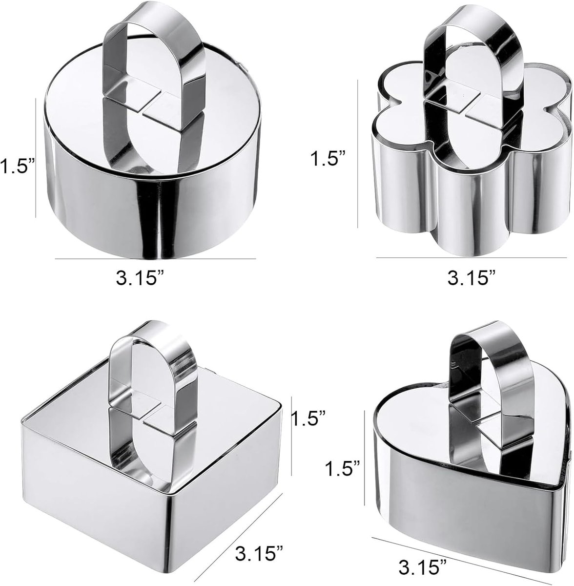 4 pieces - stainless steel - dessert rings - cake rings - with handle - molds - for baking and cooking cakes, mousses, and desserts - 8*3.8 cm - silver - square, round, heart shape, flower shape - Image 2