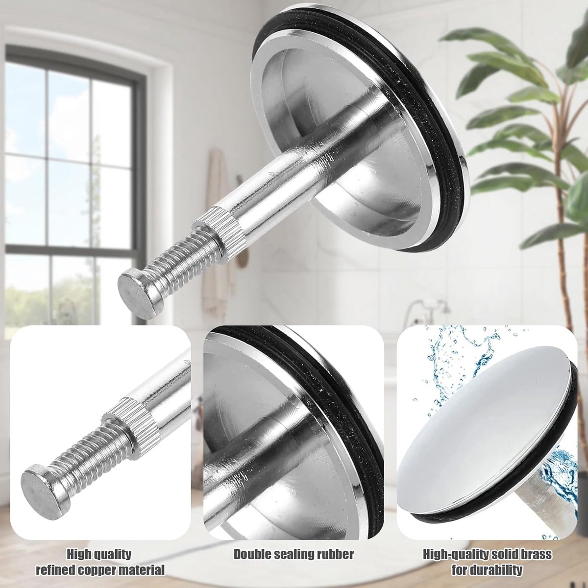 Bathtub Drain Plug 43mm - Stem Diameter 8mm - Bathtub Cover, Bathroom Washbasin Cap - Height Adjustable Drain Plug for Bathtub, Kitchen, Sink - Solid Brass Drain Stopper - Image 2