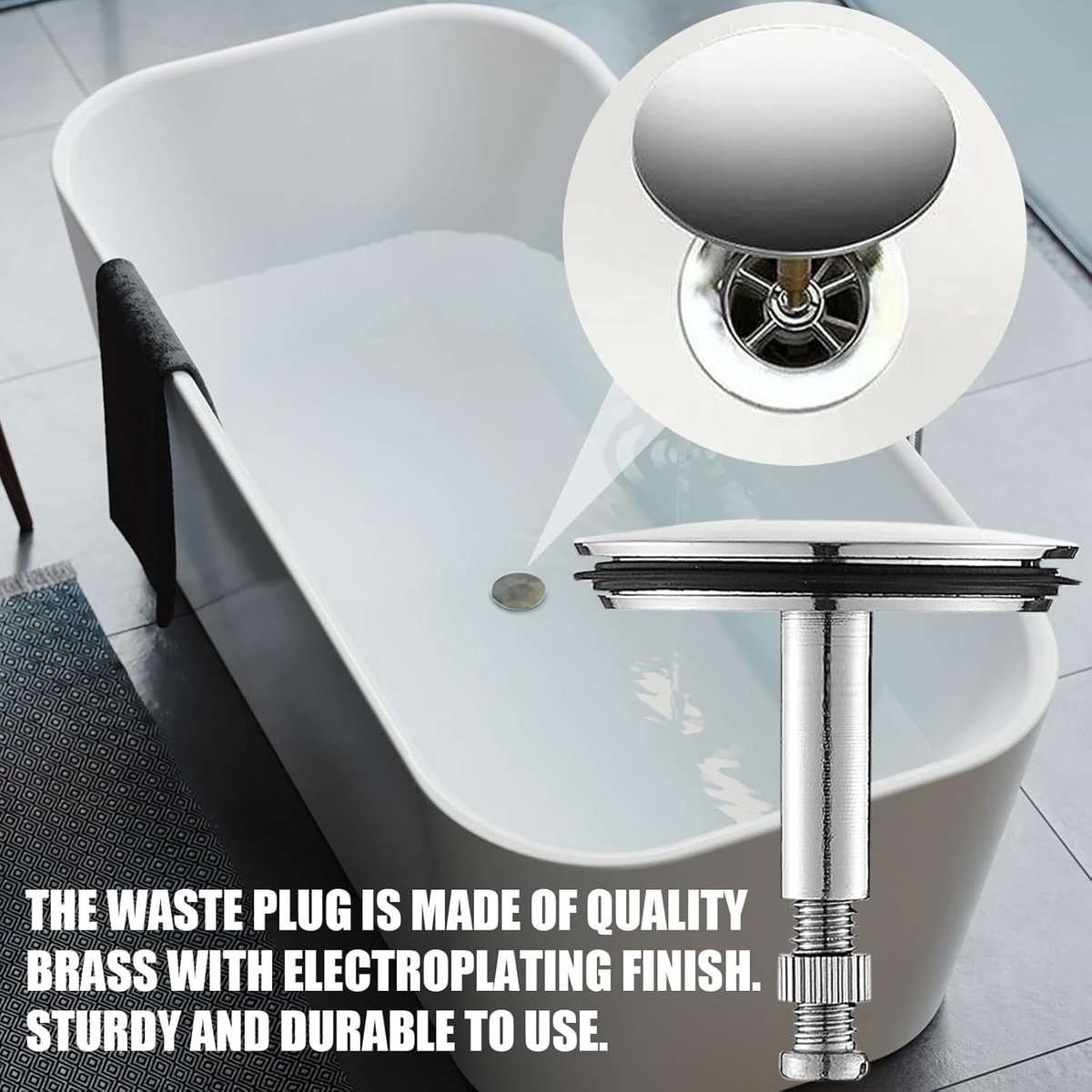 Bathtub Drain Plug 43mm - Stem Diameter 8mm - Bathtub Cover, Bathroom Washbasin Cap - Height Adjustable Drain Plug for Bathtub, Kitchen, Sink - Solid Brass Drain Stopper - Image 3